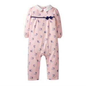Janie and Jack Baby Girl Pink Cat Print Long Sleeve Romper With Navy Bow 3-6 Mon